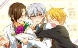  3boys blush bouquet character_name closed_eyes commentary_request facial_hair flower glasses goatee grey_eyes happy_birthday hazama_michio hug hug_from_behind idolmaster idolmaster_side-m juujiro_eru maita_rui male_focus moustache multiple_boys necktie open_mouth s.e.m_(idolmaster) smile yamashita_jiro 