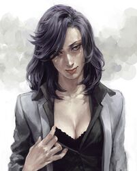  black_bra bra breasts cleavage collarbone commentary_request duexduex female hair_over_one_eye jacket kiseijuu looking_at_viewer medium_breasts pale_skin partial_commentary purple_eyes purple_hair realistic simple_background smile solo swept_bangs tamiya_ryouko underwear 