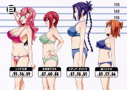  4girls absurdres bandaid bandaid_on_face bandaid_on_nose bare_shoulders blue_hair breasts brown_hair bust_chart celia_ootsuka character_name cleavage collarbone feet_out_of_frame from_side genderswap_(mtf) hand_on_own_hip heart_o-ring heart_ring_bottom height_chart highres kushiya_inaho large_breasts lineup lingerie maken-ki! measurements media_demitra multiple_girls navel official_art panties pink_hair pose profile purple_eyes red_hair rule_63 scan shinatsu_azuki sideboob simple_background sports_bra stats striped_clothes striped_panties striped_sports_bra takeda_hiromitsu translated underwear underwear_only 