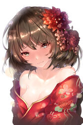  absurdres bad_id bad_pixiv_id bare_shoulders blue_eyes blush breasts brown_hair cleavage commentary female flower green_eyes hair_flower hair_ornament heterochromia highres hplay idolmaster idolmaster_cinderella_girls japanese_clothes kimono large_breasts looking_at_viewer mole mole_under_eye new_year short_hair smile solo takagaki_kaede yoi_otome_(idolmaster) 