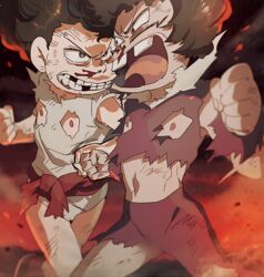  2boys afro aoki_(fumomo) bad_id bad_twitter_id blood blurry broken_tooth buck_teeth clenched_hand facial_hair fighting iyami male_focus matsuno_osomatsu moustache multiple_boys nippleless_clothes nipples nosebleed osomatsu-kun osomatsu-san osomatsu_(series) teeth torn_clothes 