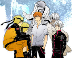  allen_walker bleach blonde_hair company_connection crossover d.gray-man dark_skin dengye dual_persona forehead_protector jacket kurosaki_ichigo male male_focus md5_mismatch multiple_boys naruto nea_d._campbell school_uniform shirosaki_hichigo short_hair shounen_jump smile spirits uzumaki_naruto whisker_markings 