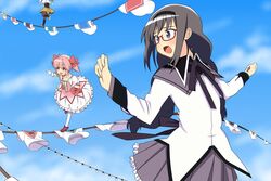  3girls akemi_homura akemi_homura_(magical_girl) black_hair boots braid bubble_skirt choroko_(chorokoto) collar commentary_request detached_sleeves glasses gloves grey_skirt hair_ribbon hairband kaname_madoka kaname_madoka_(magical_girl) long_hair magical_girl mahou_shoujo_madoka_magica mahou_shoujo_madoka_magica_(anime) multiple_girls open_mouth pink_eyes pink_hair pleated_skirt purple_eyes red-framed_eyewear ribbon shoes short_twintails skirt spoilers thighhighs tomoe_mami tomoe_mami_(magical_girl) twin_braids twintails witch&#039;s_labyrinth zettai_ryouiki 