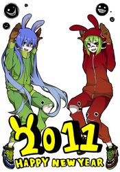  2011 2girls animal_ears bad_id bad_pixiv_id blue_hair facial_tattoo gloves green_hair green_shirt gumi hatsune_miku highres hood long_hair matryoshka_(vocaloid) multiple_girls naruto_maki rabbit_ears shirt shoes short_hair sneakers sweater tattoo turtleneck twintails vocaloid zipper 