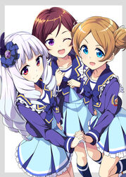  3girls ;d absurdres aikatsu!_(series) aikatsu_stars! ashida_yuuri_(aikatsu!) blue_eyes brown_hair commentary_request double_bun drill_hair feather_hair_ornament feathers frills gem gradient_hair hair_bun hair_ornament highres holding_hands katsura_miki_(aikatsu!) kneehighs long_hair looking_at_viewer multicolored_hair multiple_girls one_eye_closed open_mouth parted_bangs red_eyes school_uniform shirogane_lily short_hair smile socks swept_bangs wara_(warapro) yotsuboshi_academy_school_uniform 