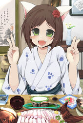  :d animal_ears bath_yukata brown_hair cat_ears chopsticks commentary_request female fish flower food green_eyes hair_flower hair_ornament idolmaster idolmaster_cinderella_girls japanese_clothes kimono maekawa_miku oerba_yun_fang open_mouth paw_print photoshop_(medium) print_kimono rakkogawa_rinro ryokan smile solo tears v yukata 