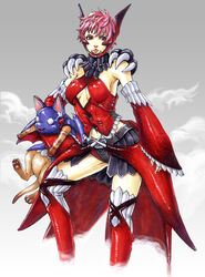  armor breasts center_opening commentary_request detached_sleeves feline felyne female gigginox_(armor) medium_breasts miso-234 monster_hunter_(character) monster_hunter_(series) monster_hunter_3 photoshop_(medium) pink_hair short_hair skirt thighhighs 