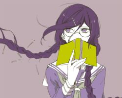  book braid chiyo_(min0yoko) commentary_request danganronpa:_trigger_happy_havoc danganronpa_(series) female fukawa_toko glasses hair_tie holding holding_book long_hair purple_eyes purple_hair school_uniform serafuku simple_background solo twin_braids very_long_hair 