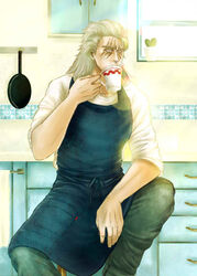  1boy apron chair commentary cup cupboard denim drinking frying_pan hokuto_no_ken kitchen knee_up lens_flare long_hair male_focus ninnko no_pupils plant scar scar_across_eye scar_on_face shu_(hokuto_no_ken) sitting sleeves_rolled_up solo sunlight table tiles towel towel_rack white_hair window 