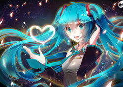  aqua_eyes aqua_hair bad_id bad_pixiv_id blush detached_sleeves female hatsune_miku headphones heart long_hair necktie open_mouth phino sleeveless smile solo twintails very_long_hair vocaloid 