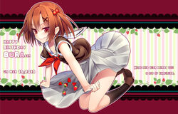  :p borrowed_character brown_hair commentary_request female food fruit giuniu hair_bobbles hair_ornament happy_birthday highres morinaga_koeda original red_eyes school_uniform serafuku short_hair skirt skirt_basket solo strawberry tongue tongue_out 