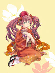  bow character_doll commentary_request doll female floral_print full_body gradient_hair green_eyes hair_ornament hair_ribbon hairpin hat headdress japanese_clothes kimono long_hair multicolored_hair mushihime-sama mushihime-sama_futari noddi orange_hair palm_(mushihime-sama) purple_hair reco red_kimono ribbon sandals sitting smile socks solo twintails white_socks 