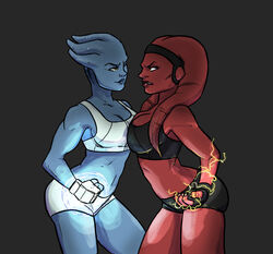  2girls alien asari_(mass_effect) asymmetrical_docking bad_deviantart_id bad_id bald black_sports_bra blue_lips blue_skin breast_press breasts cleavage colored_skin crossover ear_protection electricity faceoff fingerless_gloves gloves headband large_breasts lipstick makeup mass_effect_(series) mixed_martial_arts multiple_girls one_eye_closed original penelope_and_me red_lips red_skin short_shorts shorts sports_bra star_wars twi&#039;lek white_sports_bra 