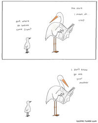  age_difference avian better_version_at_source bird duo english_text father_(lore) hi_res humor liz_climo male monochrome newspaper parent_(lore) stork text young 