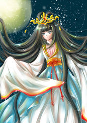  bad_id bad_pixiv_id black_hair blue_eyes chang&#039;e chinese_clothes female full_moon gradient_hair hair_ornament hair_rings hanfu highres long_hair moon multicolored_hair night night_sky original photoshop_(medium) sky solo star_(sky) starry_sky tiara very_long_hair yuya_(iris) 