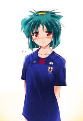  arms_at_sides blush commentary_request female green_hair hairband jersey kaiga looking_at_viewer red_eyes sakura_kaedeko short_hair smile solo standing tokimeki_memorial tokimeki_memorial_2 