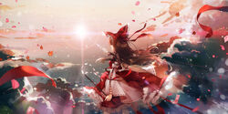  bow brown_eyes brown_hair clouds hakurei_reimu japanese_clothes leaves long_hair miko ofuda ribbons rokusai sky touhou water 