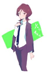  adjusting_clothes adjusting_necktie aikatsu!_(series) aikatsu_stars! ashida_yuuri_(aikatsu!) brown_hair character_name commentary_request dress_shirt female formal looking_at_viewer necktie purple_eyes shirt solo suit susinoyama white_shirt 