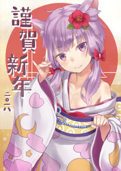  animal_ears bare_shoulders blush bow closed_mouth collarbone commentary_request doonatsu. female flower fox_shadow_puppet hair_flower hair_ornament hairbow head_tilt highres japanese_clothes kimono long_hair long_sleeves looking_at_viewer obi off_shoulder paw_pose print_kimono purple_eyes purple_hair red_bow red_flower sash smile solo translated vocaloid voiceroid white_kimono wide_sleeves yuzuki_yukari 