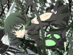  black_rock_shooter checkered_background commentary_request dead_master dress female glowing glowing_eyes green_eyes green_hair horns koumei_(harmonizer) perspective photoshop_(medium) scythe skull solo tongue 