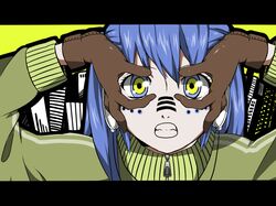  bad_id bad_pixiv_id blue_hair facial_tattoo female gloves grin hand_glasses hands hatsune_miku joshi_kousei letterboxed long_hair matryoshka_(vocaloid) naruto_maki parody smile solo sweater tattoo teeth upper_body vocaloid 