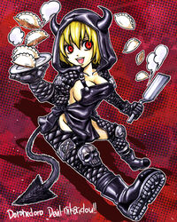  apron blonde_hair breasts cleavage commentary_request demon_horns demon_tail dorohedoro dumpling female food gloves highres horns jiaozi knee_pads large_breasts miso-234 nikaidou_(dorohedoro) photoshop_(medium) red_eyes sideboob skull smile solo spatula tail 