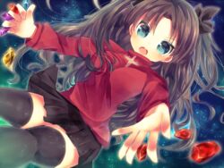  black_hair black_thighhighs brown_hair commentary_request fate/stay_night fate_(series) female gem hair_ribbon long_hair ribbon rito_(azusa) solo thighhighs tohsaka_rin two_side_up zettai_ryouiki 