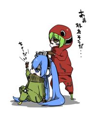  2girls bad_id bad_pixiv_id blue_hair chibi facial_tattoo green_hair gumi hatsune_miku headphones hood long_hair lyrics matryoshka_(vocaloid) multiple_girls naruto_maki short_hair tattoo translated twintails vocaloid zipper 