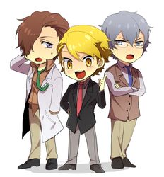  3boys asagi_(calenza666) bad_id bad_pixiv_id blonde_hair blush brown_hair chibi facial_hair full_body glasses goatee grey_eyes grey_hair hair_over_one_eye hazama_michio idolmaster idolmaster_side-m lab_coat maita_rui male_focus multiple_boys necktie open_mouth purple_eyes s.e.m_(idolmaster) sweatdrop vest yamashita_jiro yellow_eyes 