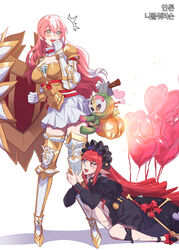  2girls armor armored_dress balloon dungeon_and_fighter enchantress_(dungeon_and_fighter) heart_balloon holding_leg kasy knight_(dungeon_and_fighter) korean_commentary lolita_fashion long_hair looking_down mage_(dungeon_and_fighter) multiple_girls pink_hair red_hair shield surprised white_background 