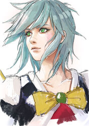  absurdres allenby_beardsley blue_hair close-up crying female floating_hair g_gundam green_eyes gundam highres looking_up mobile_trace_suit nekkikamille photoshop_(medium) pilot_suit realistic science_fiction short_hair solo 