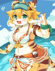  2020 anthro blush breasts brown_body brown_fur clothed clothing cloud cygames eigetsu eyewear eyewear_on_head felid female fur goggles goggles_on_head green_eyes hair hi_res looking_at_viewer mammal mia_(world_flipper) open_mouth orange_body orange_fur orange_hair pantherine sky slightly_chubby solo tiger water white_body white_fur world_flipper 