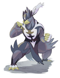  black_eyes clenched_hand closed_mouth fighting_stance full_body grey_fur highres legs_apart mira_(miramita8727) no_humans pokemon pokemon_(creature) solo squatting urshifu urshifu_(single) white_background 