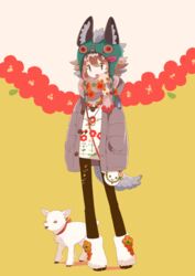  absurdres animal_bag animal_hat bad_id bad_pixiv_id bag black_pants brown_coat brown_hair coat fake_tail female floral_background floral_print full_body grey_eyes hands_in_pockets hat highres hoof_shoes jewelry looking_down necklace oerba_yun_fang open_mouth original pants sheep short_hair shoulder_bag sorata123 standing tail wolf_hat wolf_tail 