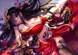  :d ahoge arm_across_waist azur_lane bare_shoulders black_hair black_thighhighs blush breasts cleavage collarbone commentary_request covering_one_eye eien_no_juu_nana-sai female groin hair_between_eyes hair_ornament hakama hakama_short_skirt hakama_skirt huge_breasts japanese_clothes kimono large_breasts long_hair looking_at_viewer lying off_shoulder on_back open_mouth photoshop_(medium) red_eyes red_kimono skirt smile solo taihou_(azur_lane) thighhighs twintails very_long_hair wide_sleeves 