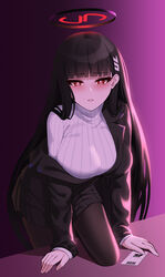  absurdres black_hair black_jacket black_pantyhose black_skirt blue_archive blush breasts bright_pupils female hair_ornament hairclip halo highres id_card jacket large_breasts long_hair looking_at_viewer off_shoulder pantyhose pleated_skirt red_eyes ribbed_sweater rio_(blue_archive) skirt solo sweater tost_(cloi123) turtleneck turtleneck_sweater very_long_hair white_pupils white_sweater 