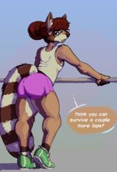  2021 anthro ass athletic big_butt bottomwear clothing dolphin_shorts eyewear female footwear glasses hair hair_bun hi_res high_school latchk3y mammal procyonid raccoon samantha_flores school shoes shorts slim sneakers solo text 