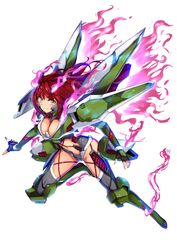  breasts cleavage clothing_cutout crossbone_gundam crossbone_gundam_ghost female fingerless_gloves fire floating_hair gloves gundam highres humanization i.takashi looking_at_viewer mecha_musume mechanical_wings medium_breasts navel open_hands phantom_gundam pink_fire red_hair skull solo stomach_cutout white_background wings yellow_eyes 