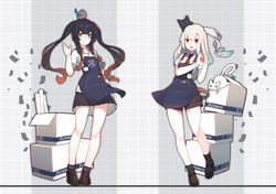  &gt;_&lt; 2girls :d animal animal_on_head apron belt belt_buckle bird bird_on_head black_cat black_hair black_legwear black_shorts black_skirt blue_apron blue_hair blush box breasts brown_belt brown_eyes brown_footwear brown_hair buckle cardboard_box closed_eyes closed_mouth collared_shirt commentary diagonal-striped_clothes diagonal-striped_necktie feline gradient_hair green_eyes grey_hair hand_up hands_up heart highres loafers long_hair multicolored_hair multiple_girls necktie oerba_yun_fang on_head open_mouth original pleated_skirt rain_lan red_eyes shirt shoes short_shorts short_sleeves shorts sidelocks skirt small_breasts smile socks striped_background striped_clothes striped_necktie symbol-only_commentary thick_eyebrows twintails very_long_hair white_cat white_shirt 