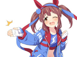  ;o animal_ears armband bad_id bad_pixiv_id blue_hairband blue_jacket blue_shirt blush brown_eyes brown_hair clenched_hand cosplay crop_top female fingerless_gloves gloves groin hair_ornament hairband hand_up horse_ears horse_girl idolmaster idolmaster_cinderella_girls jacket long_hair long_sleeves midriff ogata_chieri one_eye_closed oozora_naomi open_mouth print_shirt revision shirt sidelocks simple_background solo sweat tamamo_cross_(umamusume) tamamo_cross_(umamusume)_(cosplay) tsukkomi twintails uccow umamusume upper_body voice_actor_connection white_background white_gloves 