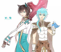  2boys :d animal_ears archbishop_(ragnarok_online) armor bangs belt bird black_gloves blue_coat blue_eyes blue_hair breastplate brown_belt brown_cape brown_hair brown_pants cape cat_ears coat commentary_request cowboy_shot creator_(ragnarok_online) eyebrows_visible_through_hair filir_(ragnarok_online) fingerless_gloves gloves hair_between_eyes large_cross living_clothes long_hair looking_at_animal looking_at_viewer male_focus misuguu multiple_boys open_mouth pants piercing ponytail pouch ragnarok_online short_hair simple_background smile teeth tongue tongue_out tongue_piercing white_background white_coat white_gloves 