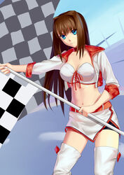  absurdres alternate_costume aozaki_aoko belt blue_eyes boots breasts brown_hair checkered_flag cleavage commentary_request cqqz0707 cropped_jacket dutch_angle female flag highres lace-up_top long_hair mahou_tsukai_no_yoru midriff navel photoshop_(medium) race_queen smile solo thigh_boots thighhighs thighs 