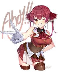  bare_shoulders blush breasts dakuryuu female highres hololive houshou_marine houshou_marine_(1st_costume) large_breasts leotard long_hair looking_at_viewer one_eye_closed red_hair ribbon smile solo thighhighs twintails virtual_youtuber yellow_eyes 