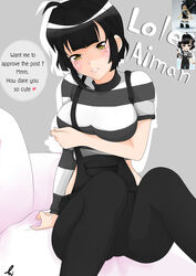  1girls aoitamon arm_under_breasts artist_signature big_breasts black_hair black_pants black_stripes black_suspenders blush breasts clothed clothed_female clothing couch dialogue english_text female female_only long_sleeves looking_at_viewer medium_breasts outline overalls pale-skinned_female pale_skin roblox roblox_avatar rolled_up_sleeves short_hair simple_background sitting smile solo solo_female striped_shirt striped_sleeves suspenders text thighs white_stripes yellow_eyes 