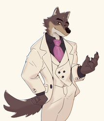  2021 anthro brown_body brown_fur canid canine canis clothing digital_media_(artwork) dreamworks fur hi_res istani male male_anthro mammal mr._wolf_(the_bad_guys) simple_background solo tan_body the_bad_guys topwear wolf yellow_eyes 