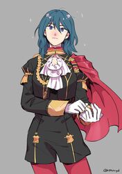  13degree absurdres aiguillette ascot bad_id bad_twitter_id blue_eyes blue_hair byleth_(female)_(fire_emblem) byleth_(fire_emblem) cape closed_mouth commentary cosplay cowboy_shot edelgard_von_hresvelg edelgard_von_hresvelg_(cosplay) english_commentary female fire_emblem fire_emblem:_three_houses garreg_mach_monastery_uniform gloves grey_background highres long_sleeves looking_at_viewer medium_hair pantyhose red_cape simple_background solo twitter_username uniform white_gloves 