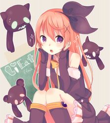  :o artist_name black_legwear black_ribbon chalkboard character_name check_commentary commentary_request creature efina elbow_gloves female fingerless_gloves gloves hair_ornament hand_in_own_hair heart highres lieat mani_m open_mouth orange_hair purple_eyes ribbon skirt 