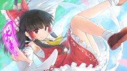  ankle_socks armpits ascot bare_legs bare_shoulders black_eyes black_hair bow cherry_blossom_print cloud day detached_sleeves female fighting_stance floral_print frilled_bow frilled_skirt frills full_body gohei hair_tubes hairbow hakurei_reimu hidden_star_in_four_seasons highres looking_at_viewer ofuda petals red_bow red_shirt red_skirt shirt shoes skirt skirt_set sky socks spring_(season) touhou wamu_(chartreuse) yellow_ascot 