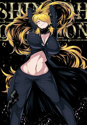  absurdly_long_hair alternate_breast_size alternate_hair_length alternate_hairstyle arms_up black_background black_coat black_pants blonde_hair bouncing_breasts breasts cleavage coat collarbone commentary constricted_pupils cowboy_shot cynthia_(pokemon) detached_collar english_text female fur-trimmed_coat fur_collar fur_trim grin hair_lift hair_ornament hair_over_one_eye hands_in_hair head_tilt highres huge_breasts impossible_clothes jacket jojo_pose long_hair long_sleeves navel no_bra pants pokemon pokemon_dppt ponytail pose shimure_(460) shiny_clothes simple_background smile solo stomach taut_clothes taut_pants thighs toned unaligned_breasts very_long_hair 