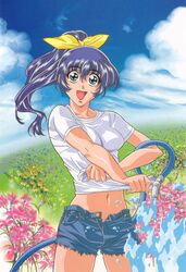  1990s_(style) :d blue_eyes blue_hair casual cowboy_shot day denim denim_shorts dianthus female field flower flower_field gotou_keiji high_ponytail highres hose kidou_senkan_nadesico long_hair looking_at_viewer meadow misumaru_yurika navel non-web_source official_art open_fly open_mouth outdoors pink_flower retro_artstyle shirt short_sleeves shorts smile solo spraying standing water white_shirt 